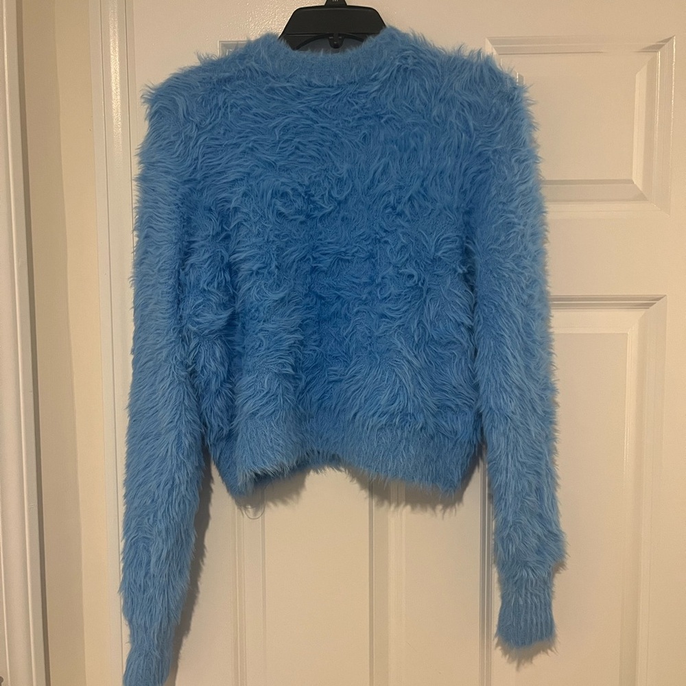 Future Collective Blue Women's Crewneck Eyelash Sweater in Medium